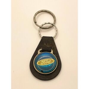 Vintage Ford Blue Enamel Leather Keychain Double Ring Automotive Fob